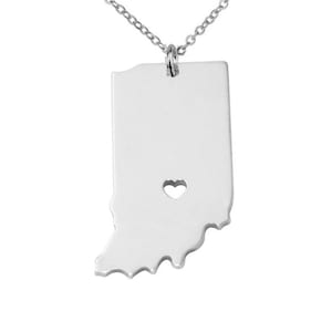 Silver Indiana State Charm Necklace,Indiana State Necklace with A Heart,Indiana State Love Necklace ,Custom IN State Charm,Cut Out Necklace