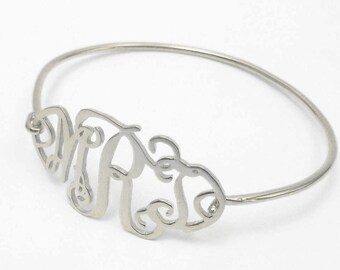 Silver Monogram Bracelet, 1.5 Inch 3 Initial Bracelet, Script Monogram Bangle Bracelet,Personalized Monogram Bracelet,Monogram Bracelet Gift