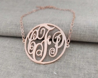 3 Initial Chain Bracelet,1.5 Inch Rose Gold Monogram Bracelet, Script Monogram Bracelet,Personalized Letter Bracelet,Monogram Bracelet Gift