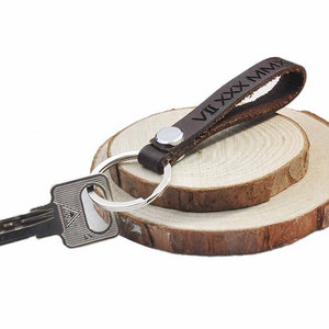 Personalized Leather Keychain,Engraved Roman Numeral Keychain,Latitude Longitude Keychain,Name Keychain, Dad Keychain,Custom Mens Keychain