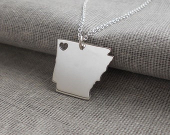 Arkansas State Shaped Necklace,Arkansas State Necklace with A Heart,AR Map State Charm ,Personalized Arkansas State Necklace Sterling Silver