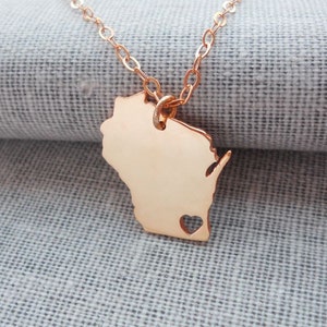 Naszyjnik Wisconsin Rose Gold, Naszyjnik WI Mapa Stanu, Naszyjnik w kształcie stanu, Personalizowany urok stanu Wisconsin z sercem