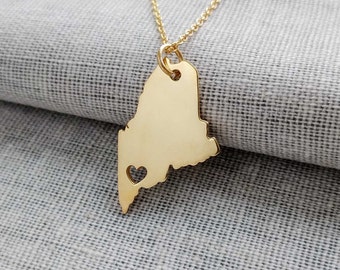 Gold Maine State Necklace,ME State Necklace with A Heart,Maine State Love Necklace ,Custom Maine State Necklace Silver,Maine State Jewelry