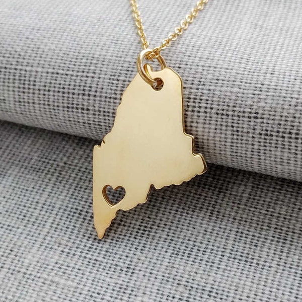 Gold Maine State Necklace,ME State Necklace with A Heart,Maine State Love Necklace ,Custom Maine State Necklace Silver,Maine State Jewelry