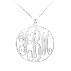 Thanksgiving Gift,Circle Monogram Necklace,1.75 inch  Silver Script Necklace,Three Letters Nameplate Charm,Large Monogrammed Gift