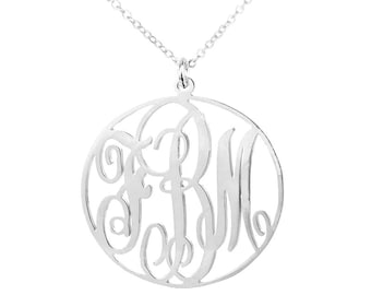 Personalisierte Monogrammhalskette, 1,5-Zoll-Kreis Silber Monogramm Halskette, drei Buchstaben Namensanhänger, mittleres Monogramm Geschenk, Brautjungfern Geschenke