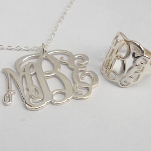 Mix and Match Monogram Necklace Monogram Ring Set,1.25&quot; Silver Monogram Necklace,3 Initial 0.6&quot; Solid 925 Sterling Silver Ring Personalized