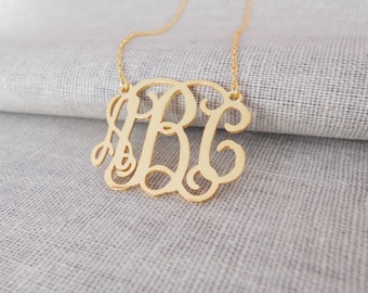 Extra Large Monogram Necklace Gold,Vine Monogram Initial Necklace 2 Inch ,3 initials Monogrammed Nameplate Jewelry