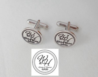 Logo Engraved Cufflinks,Wedding Cufflinks for Groom,Mens Cufflinks,Silver Monogram Cufflinks,Personalized Circle Cufflinks,Groomsmen Gift