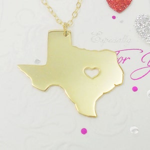 Gold Texas State Necklace, TX State Map Necklace ,State Shaped Necklace With A Heart,Personalized Texas State Necklace 925 Sterling Silver