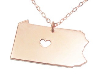 Rose Gold Pennsylvania State Necklace,PA State Necklace with A Heart,Pennsylvania State Love Necklace ,Custom Pennsylvania State Jewelry