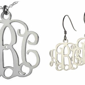 Mix and Match Monogram Earrings and Monogram Necklace,1.25&quot; Silver Monogram Necklace,3 Initial Solid Sterling Silver Earrings Personalized