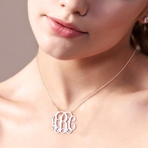 Silver Monogram Necklace,Silver Initial Necklace,Sterling Silver Nameplate Charm,1.5 Inch Initial Necklace Pendant,Monogram Letters Necklace