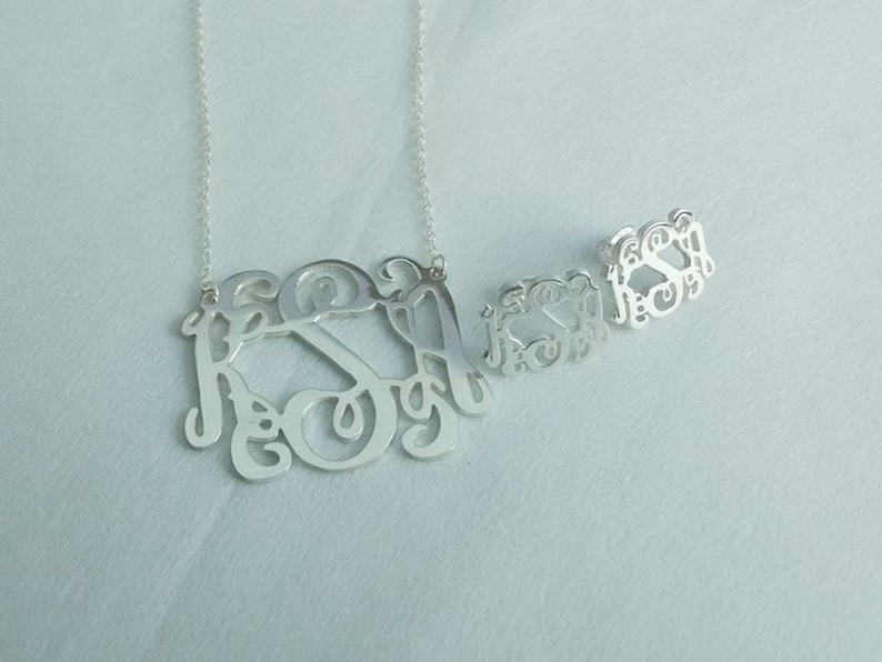 Mix and Match Monogram Jewerly,Monogram Earrings and Monogram Necklace,1.5 Silver Monogram Necklace,3 Initial Solid Sterling Silver Earring