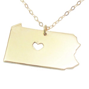 Collier d’État PA en or, collier de charme de l’État de Pennsylvanie avec un cœur, collier d’amour de l’État de Pennsylvanie, bijoux d’État de Pennsylvanie personnalisés