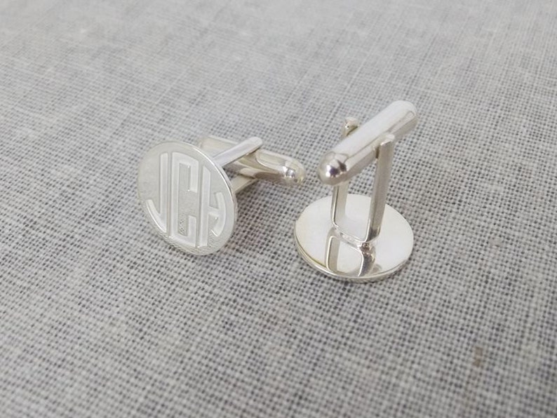 Mens Cufflinks,Wedding Cufflinks for Groom,Silver Monogram Cufflinks,Personalized Circle Cufflinks,Bride and Groom Initials Groomsman Gift image 1