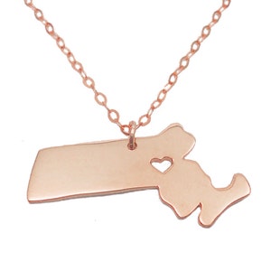 Massachusetts Charm Necklace Rose Gold,MA State Necklace with A Heart,Massachusetts State Love Necklace,Custom Massachusetts State Necklace