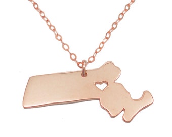Massachusetts Charm Necklace Rose Gold,MA State Necklace with A Heart,Massachusetts State Love Necklace,Custom Massachusetts State Necklace