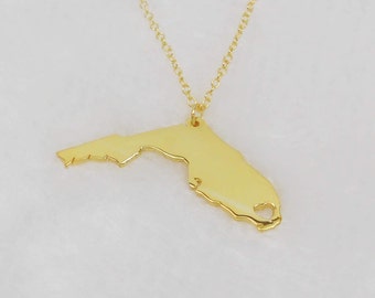 Gold Florida State Necklace, FL State Charm Necklace ,State Shaped Necklace,Personalized Florida State Necklace 925 Sterling With A Heart