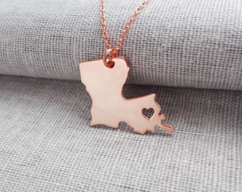 Louisiana State Necklace Rose Gold Plated With A Heart,LA State Charm Pendant ,State Shaped Necklace,Personalized Louisiana State Jewelry