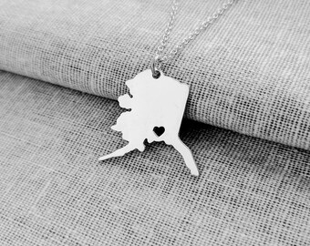 Silver Alaska Necklace,AK State Charm Necklace,Alaska Shaped Necklace,Personalized Alaska State Necklace With A Heart
