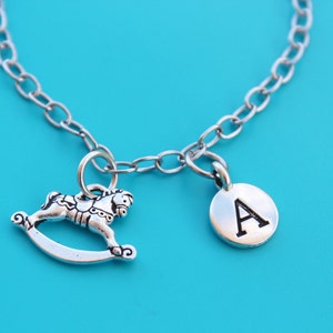 ROCKING HORSE stainless steel charm Bracelet,Initial or Number,Christmas,baby,mom,rocking horse,new mom,grandmother,grandma,1539