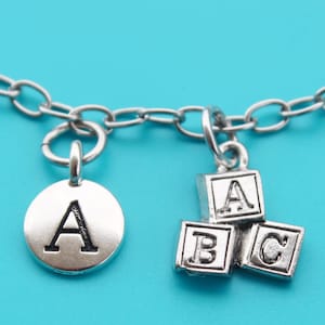 ABC BLOCKS stainless steel charm Bracelet,Initial or Number,baby,mom,preschool,daycare,kindergarten,baby shower,abc,school,child,new mom,16