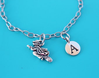 WITCH stainless steel charm Bracelet,Initial or Number,witch,halloween,wizard of oz,potion,spell,1590