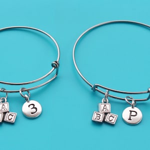 ABC BLOCKS adjustable Bangle,Initial or Number,baby,mom,preschool,daycare,kindergarten,baby shower,abc,school,child,teacher,new mom,16
