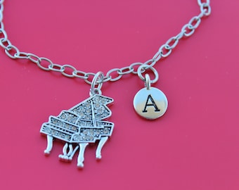 GRAND PIANO stainless steel charm Bracelet,Initial or Number,Euro Bead,grand piano,piano,pianist,musician,band,piano teacher,music,1558