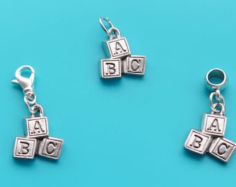 ABC BLOCKS Charm,Charm Dangle,Zipper Pull, Euro Bead,baby,mom,preschool,daycare,kindergarten,baby shower,abc,school,child,new mom,16
