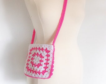 Vegan Crochet Granny Square Crossbody Bag // Barbie Pink, Gifts for Her