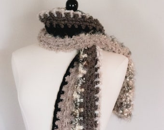 Cozy Vegan Chunky Crochet Winter Scarf - Neutral Color Block in Black, Taupe, and Cream - Perfect Gifts for Her