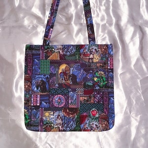Handmade Cotton Tote Bag: Stained Glass Art Print, Pink Satin Lining
