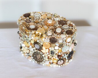 Large Hand-Jeweled Ivory Trinket Box - Timeless Elegance in Bronze and Gold Accents - Statement Decor for Chic Storage