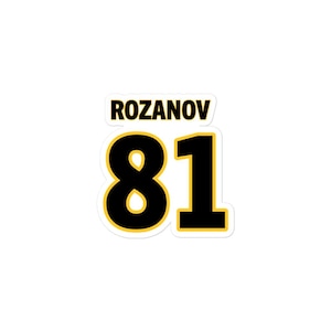 May include: A white sticker with the name "ROZANOV" in black block letters above the number "81". The number is black with a gold outline.