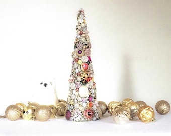 Handmade Jeweled Christmas Tree, Pink Gold Vintage Brooches Decor