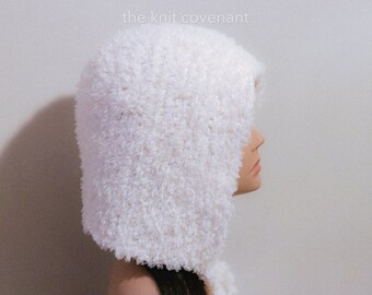 Vegan Hand-knitted Adult Bow Tie Bonnet hat  White, Cream / Gifts for her / Winter hat