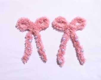 Pair of  Thick Hand-Knit Faux Fur Hair Bows / Stocking Stuffer / Gifts for her / Knit Ribbon