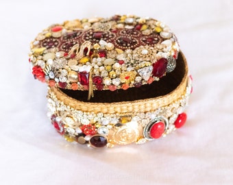 Large Hand-Jeweled Red Trinket Box - Opulent Storage with a Touch of Glamour - Statement Decor Piece