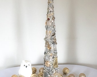 Hand Jeweled Silver, Crystal and Gold Christmas Tree / Glam Christmas decor