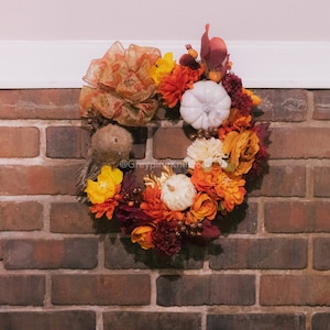Orange, Yellow, Burgundy Fall White Pumpkin Wreath with Owl