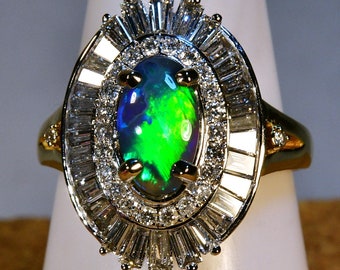 Solid Natural Australian Black Opal Solid 18k gold & 56 diamond dress/engagement ring (16114)