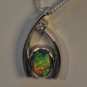 Solid 14k white gold Solid Lightning Ridge Black Opal & diamond pendant (13978)