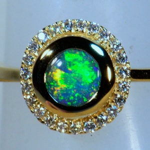 HAND MADE Solid Australian Black Opal & diamond cluster Solid 18ct Yellow Gold dress / engagement ring (14282)