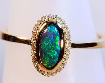 HAND MADE Solid Australian Black Opal & diamond cluster Solid 18ct Yellow Gold dress / engagement ring (13607)