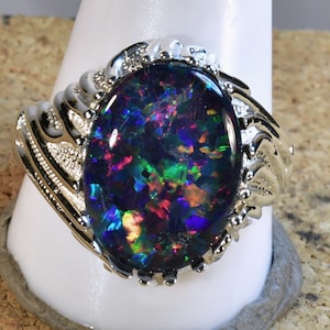 BARGAIN! Big Genuine Australian Opal Mans Solid 925 silver Ring (16938)