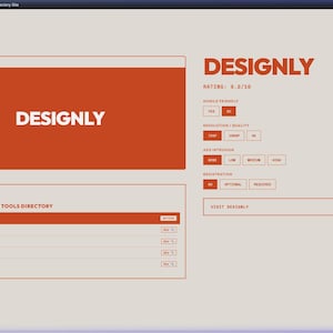 May include: A web interface for a Designly directory featuring a large orange header with the text DESIGNLY, a rating of 8.0/10, and various selection buttons for mobile friendliness, resolution, ads, and registration status on a light background.