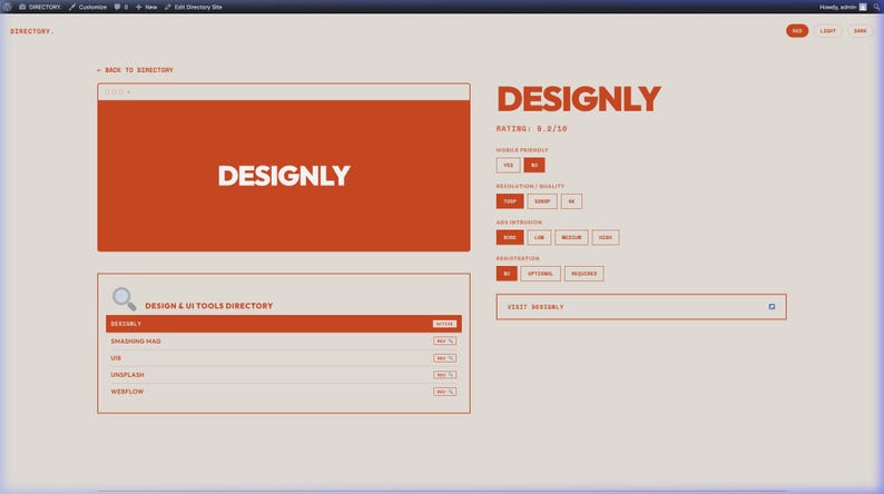 May include: A web interface for a Designly directory featuring a large orange header with the text DESIGNLY, a rating of 8.0/10, and various selection buttons for mobile friendliness, resolution, ads, and registration status on a light background.