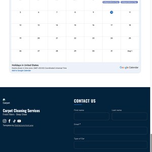 Pu&ograve; includere: Una pagina web per Carpet Cleaning Services che presenta un'interfaccia di calendario di luglio 2026 con l'Independence Day segnato, pulsanti di navigazione e un modulo di contatto con campi per nome, email, tipo di auto, data preferita, indirizzo e una casella per i messaggi.